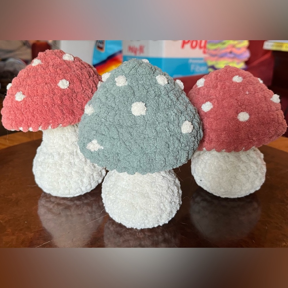 Set of three handmade crochet mushrooms